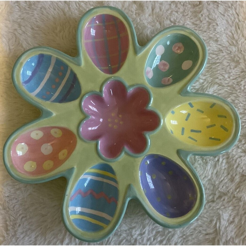 Burton & Burton Ceramic Chick Colorful Easter Egg Holder Plate 9” Circumference￼